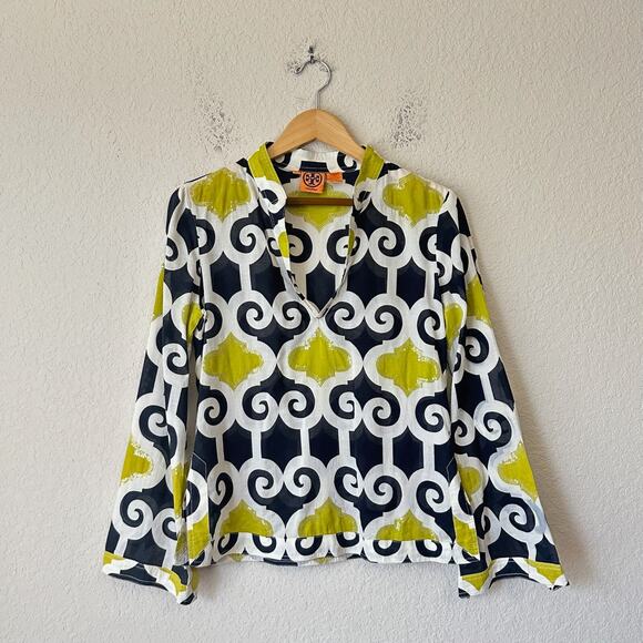 TORY BURCH Blouse Multicolor Geometric Sequin LS V-Neck Cotton Boho - Picture 1 of 14